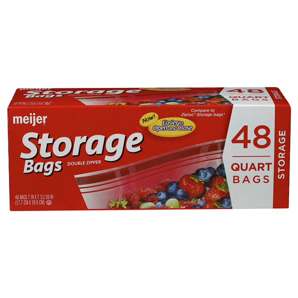 slide 1 of 1, Meijer Re-Closable Double Zipper Quart Storage Bags, 48 ct