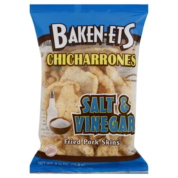 slide 1 of 3, BAKEN-ETS Chicharrones Salt & Vinegar Fried Pork Skins, 2.5 oz