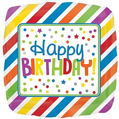slide 1 of 1, Happy Birthday Stripes & Dots Square Balloon, 1 ct