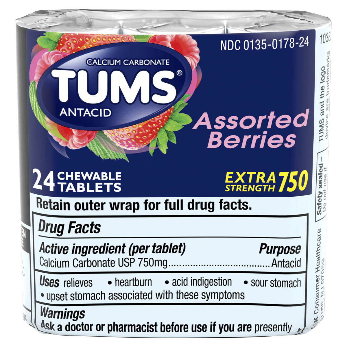 slide 1 of 4, Tums Extra Strength 750 Assorted Berries Antacid Chewable Tablets, 24 ct