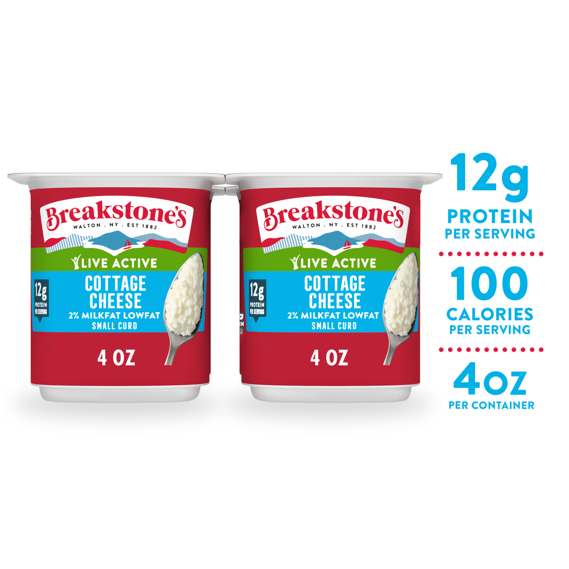 slide 1 of 42, Breakstone's Live Active Lowfat Small Curd Cottage Cheese with 2% Milkfat, 4 oz Cup, 4 Ct, 453 g