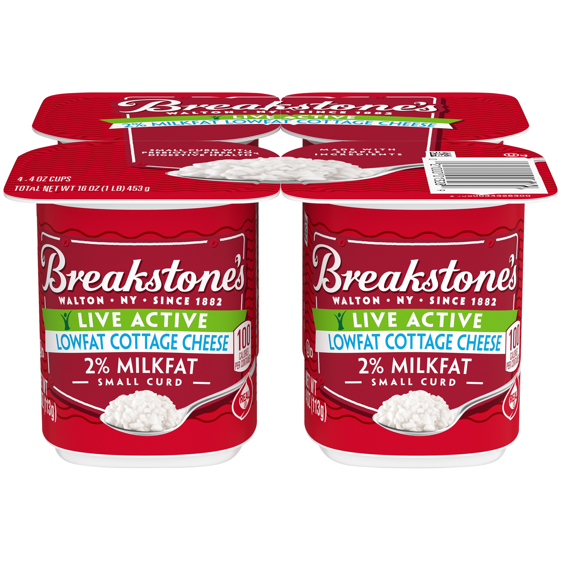 slide 1 of 42, Breakstone's Live Active Lowfat Small Curd Cottage Cheese with 2% Milkfat, 4 ct Pack, 4 oz Cups, 453 g