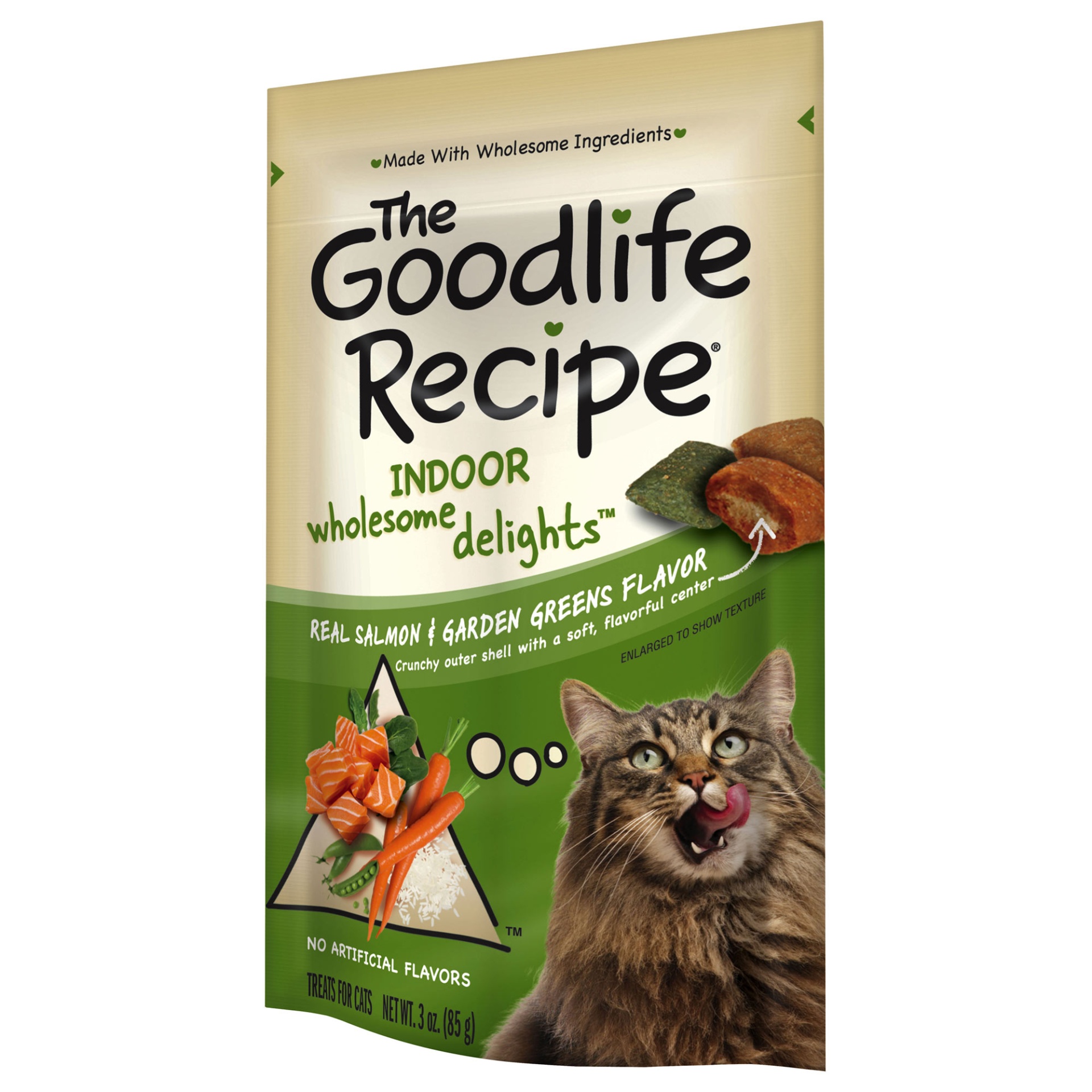 slide 1 of 1, THE GOODLIFE RECIPE INDOOR WHOLESOME DELIGHTS Salmon & Garden Greens Flavor Cat Treats, 3 oz