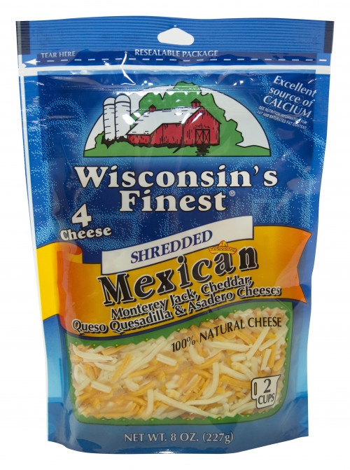 slide 1 of 1, Wisconsin's Finest Shredded Mexican Four Cheese Blend, 8 oz