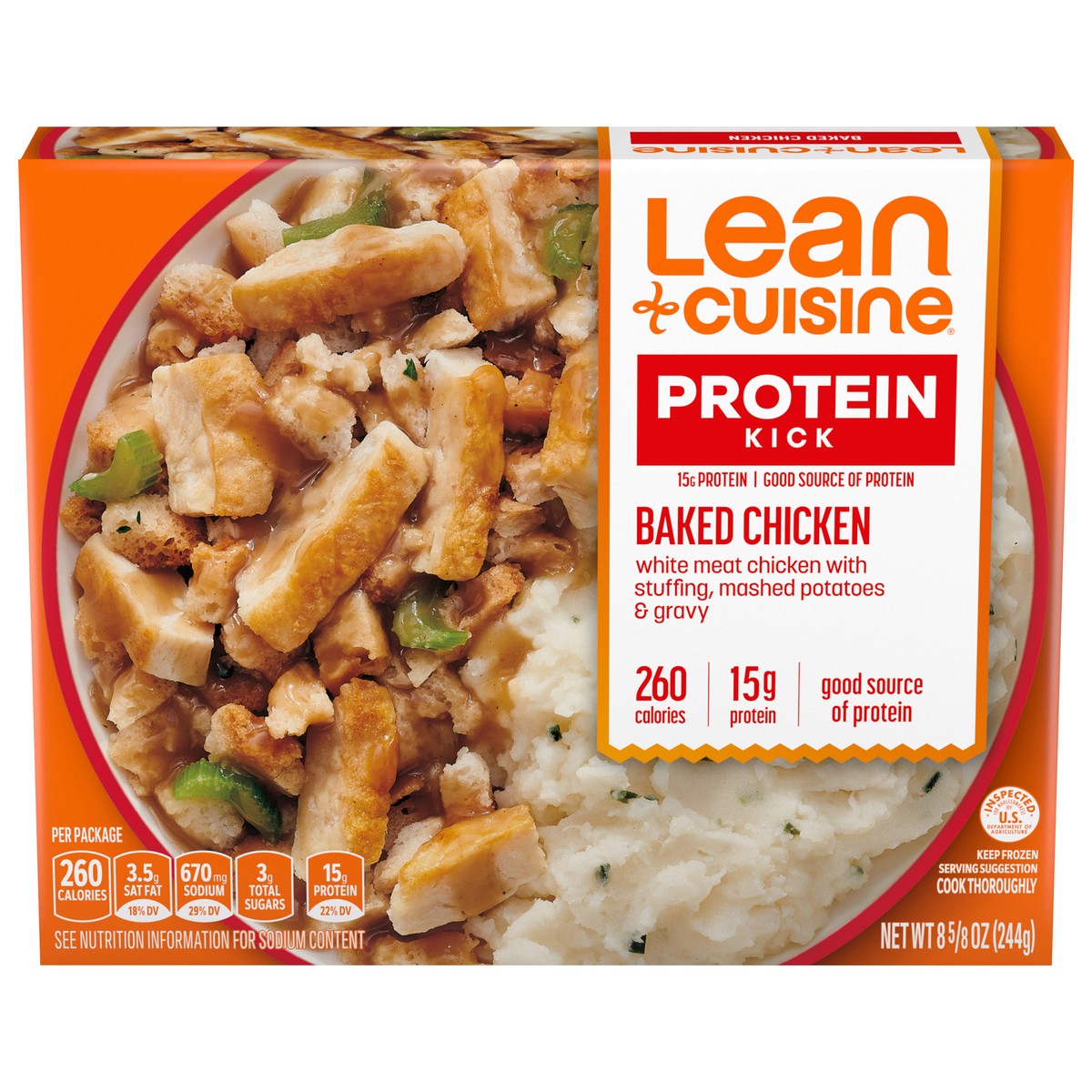 slide 1 of 9, Lean Cuisine Frozen Meal Baked Chicken, Protein Kick Microwave Meal, Microwave Chicken Dinner, Frozen Dinner for One, 8.625 oz