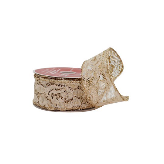 slide 1 of 3, 1.5" X 30ft. Linen Lace Wired Ribbon By Celebrate It, 1.5 in x 30 ft