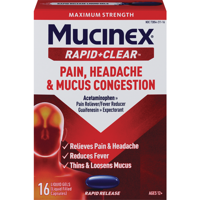 slide 1 of 1, Mucinex Rapid+Clear Maximum Strength Pain, Headache & Mucus Congestion 16 Liquid Gels, 16 ct