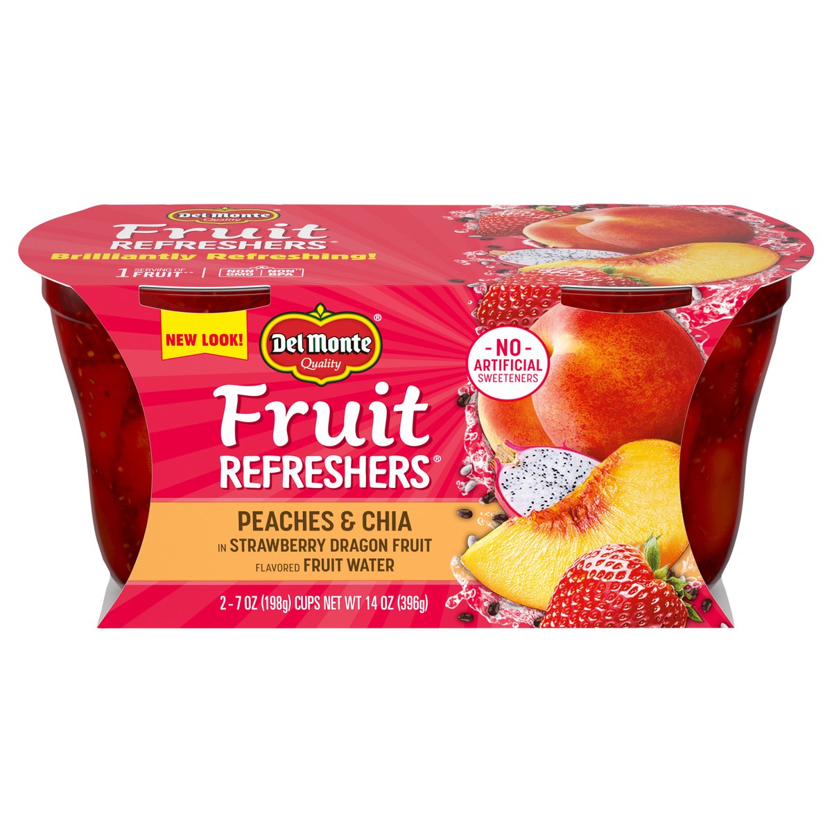 slide 1 of 7, DEL MONTE FRUIT REFRESHERS Peaches and Chia Fruit Cup Snacks in Strawberry Dragon Fruit Flavored Water, 2 Pack, 7 oz, 2 ct