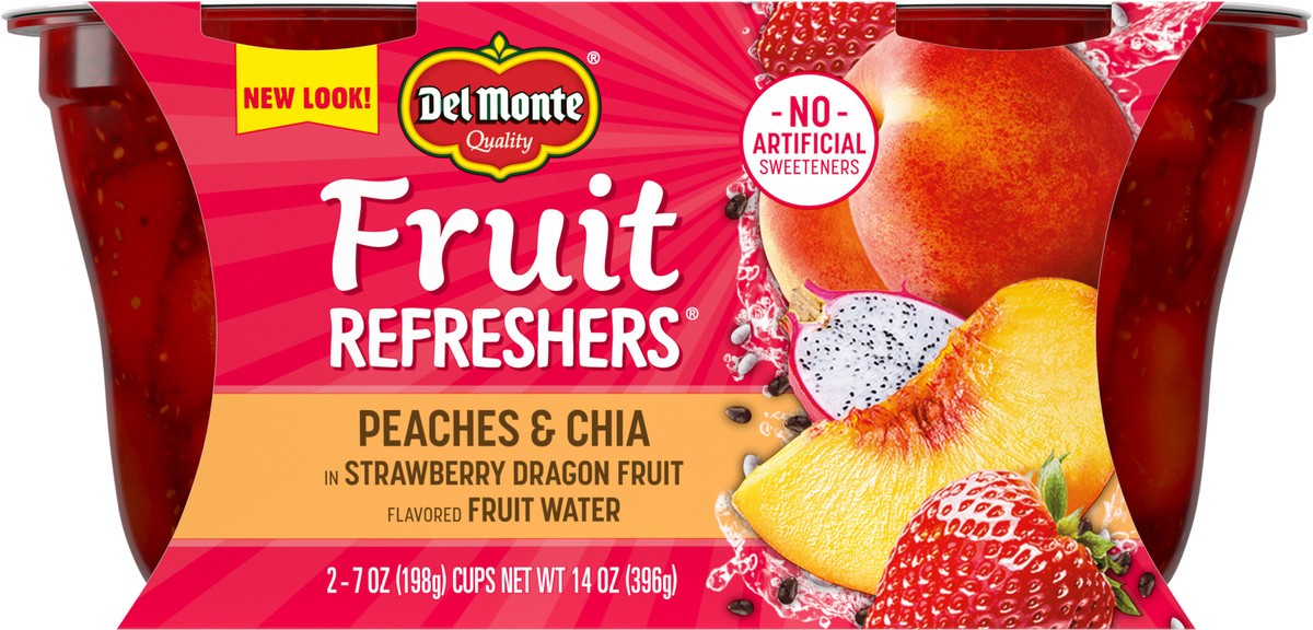 slide 4 of 7, DEL MONTE FRUIT REFRESHERS Peaches and Chia Fruit Cup Snacks in Strawberry Dragon Fruit Flavored Water, 2 Pack, 7 oz, 2 ct