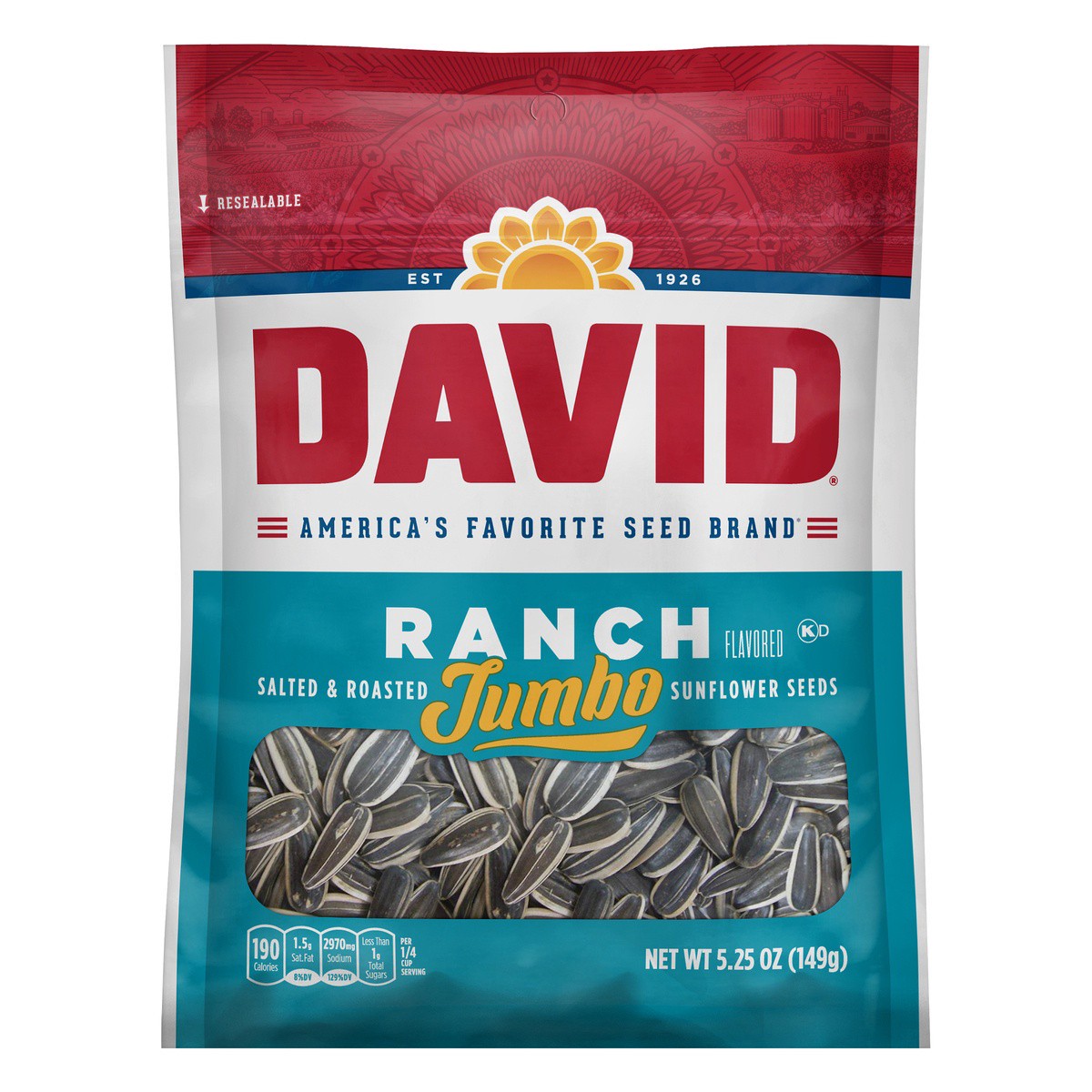 slide 1 of 5, DAVID Salted & Roasted Ranch Flavored Sunflower Seeds Jumbo 5.25 oz, 1 ct