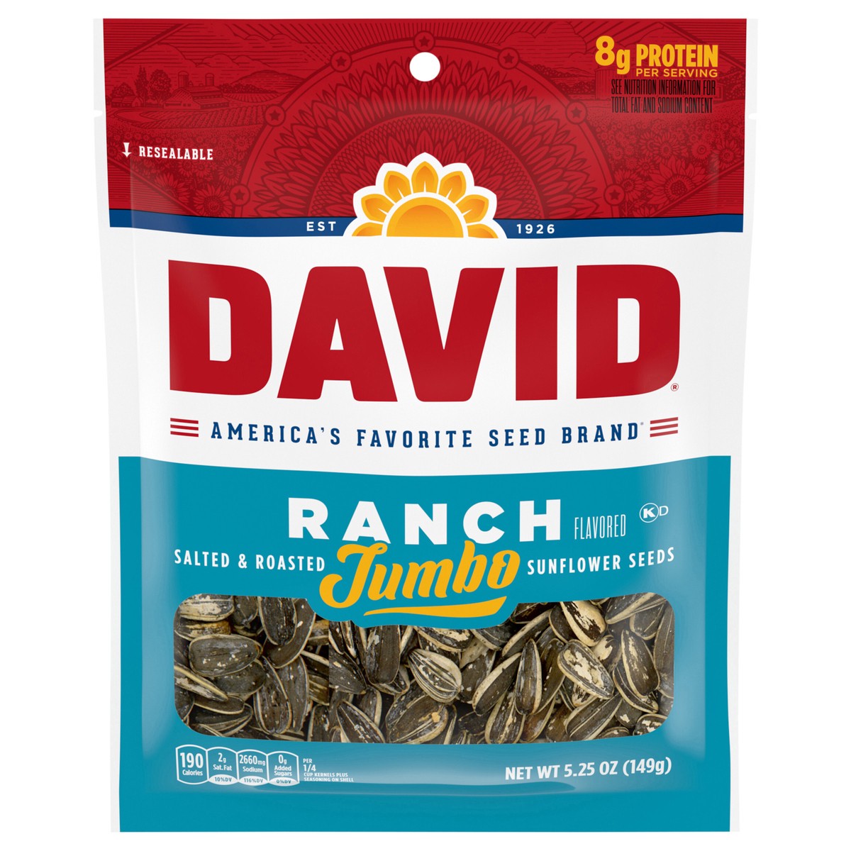slide 1 of 5, DAVID Seeds Ranch Flavored Salted and Roasted Jumbo Sunflower Seeds, Keto Friendly Snack, 5.25 OZ Bag, 5.25 oz