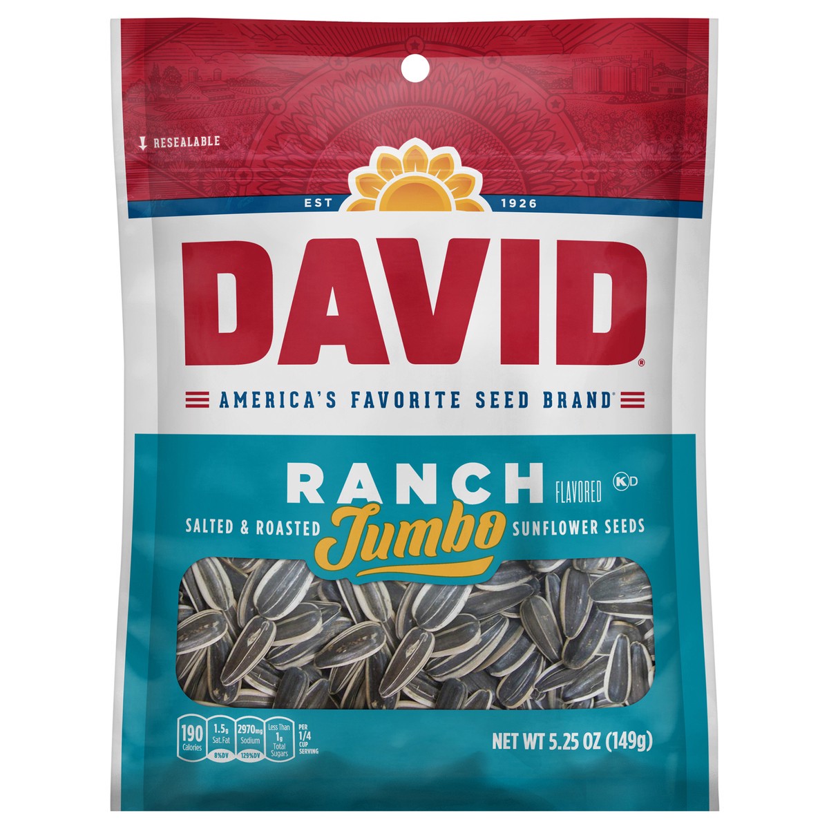 slide 1 of 5, DAVID Seeds Ranch Flavored Salted and Roasted Jumbo Sunflower Seeds, Keto Friendly Snack, 5.25 OZ Bag, 5.25 oz