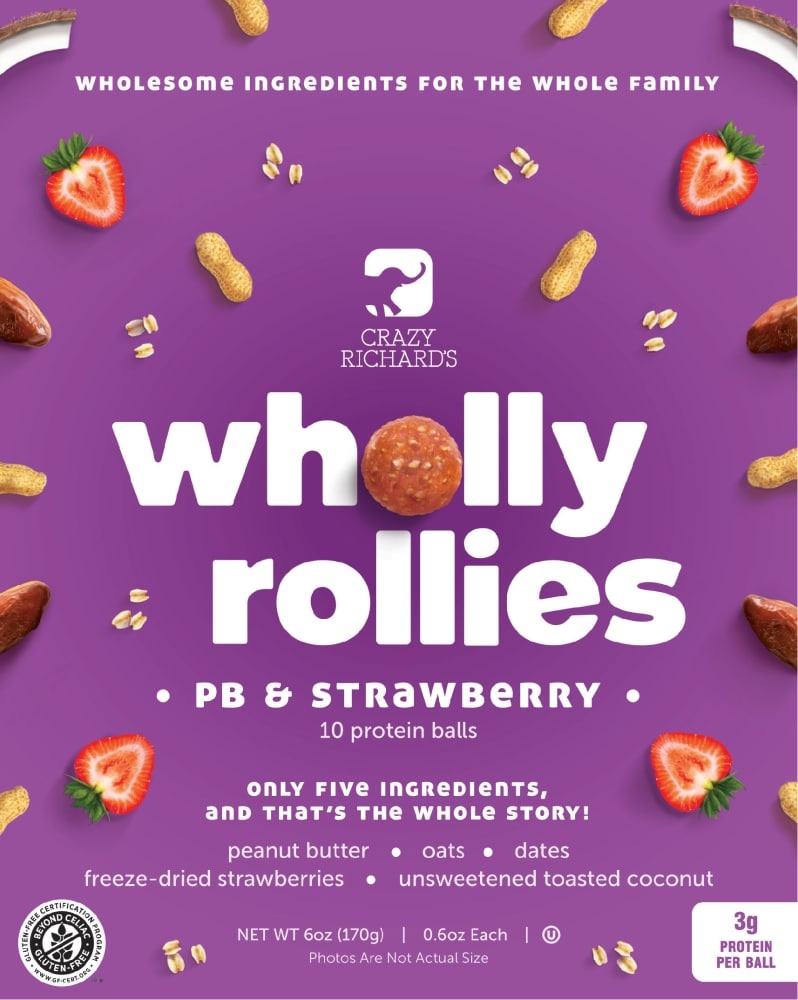 slide 1 of 1, Crazy Richard's Wholly Rollies Peanut Butter & Stawberry Protein Snack Balls 10 Count, 6 oz