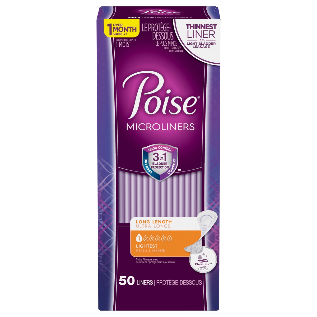 slide 1 of 3, Poise Microliners Postpartum Incontinence Panty Liners - Lightest Absorbency - Long - 50ct, 50 ct