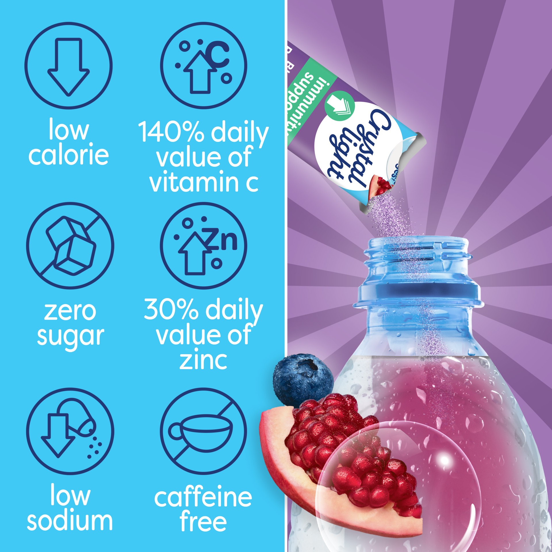 slide 5 of 5, Crystal Light Blueberry Pomegranate Immunity Support Drink Mix, 10 ct On-the-Go-Packets, 10 ct