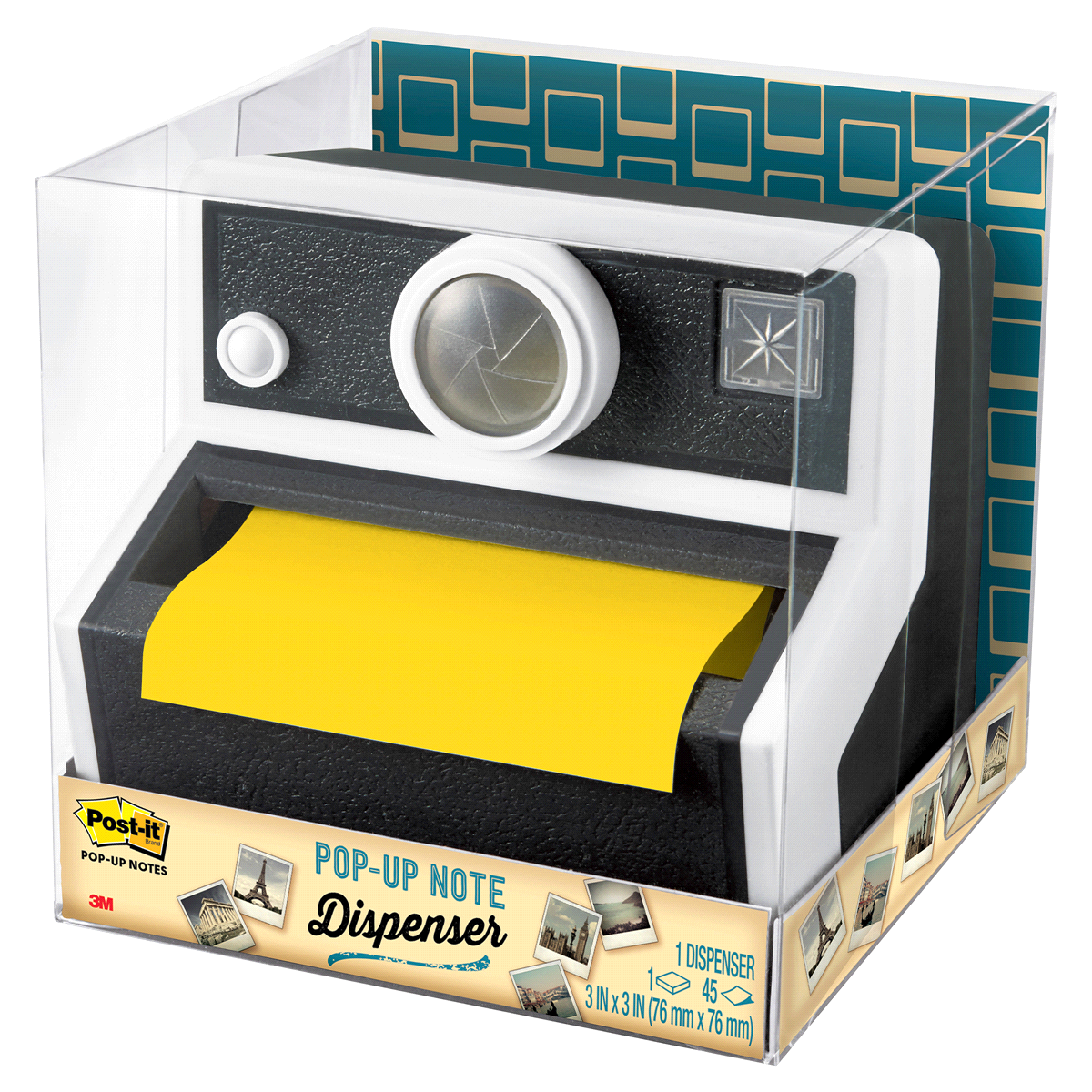 slide 3 of 5, Post-it Pop-up Notes Dispenser for 3 in x 3 in Notes, Black, Camera-shaped Dispenser, 1 Dispenser and 45 Sheet Pad/Pack, 1 ct