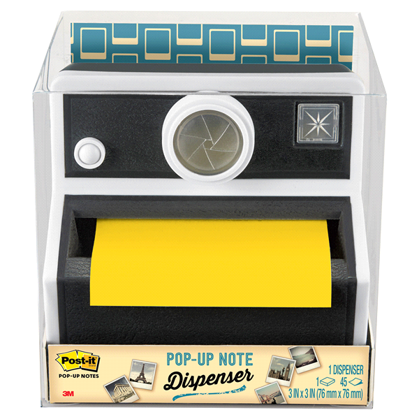 slide 1 of 5, Post-it Pop-up Notes Dispenser for 3 in x 3 in Notes, Black, Camera-shaped Dispenser, 1 Dispenser and 45 Sheet Pad/Pack, 1 ct