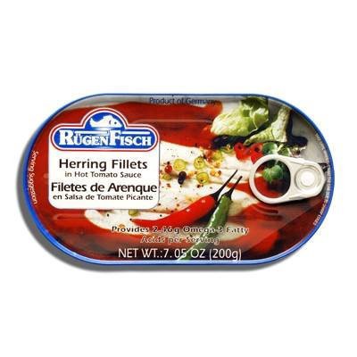 slide 1 of 1, Rugen Fisch Herring Fillets In Hot Tomato Sauce - 7 oz, 7.05 oz