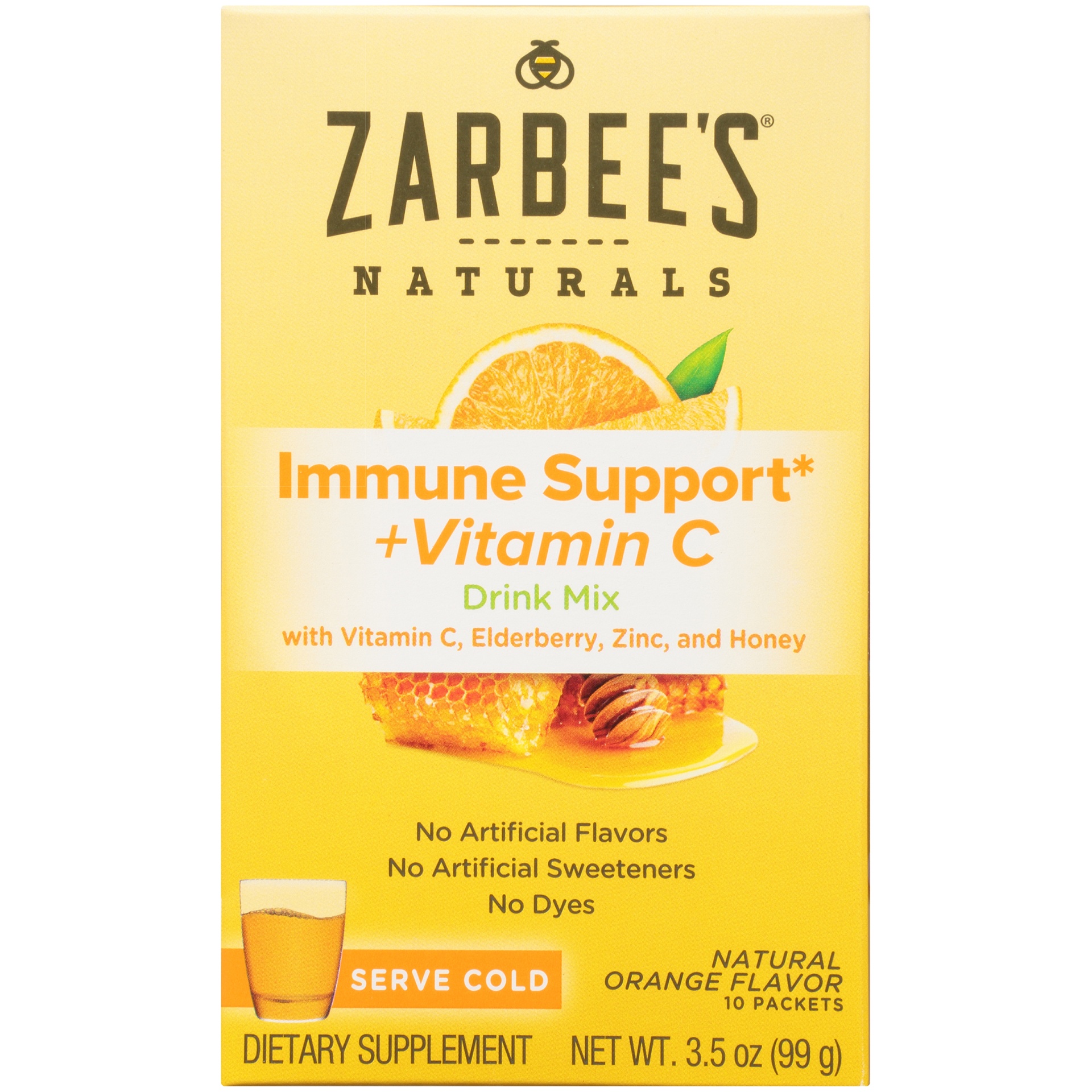 slide 1 of 1, Zarbee's Naturals Immune Support & Vitamin C Drink Mix, Zinc & Honey, Orange, 10 Packets, 10 ct