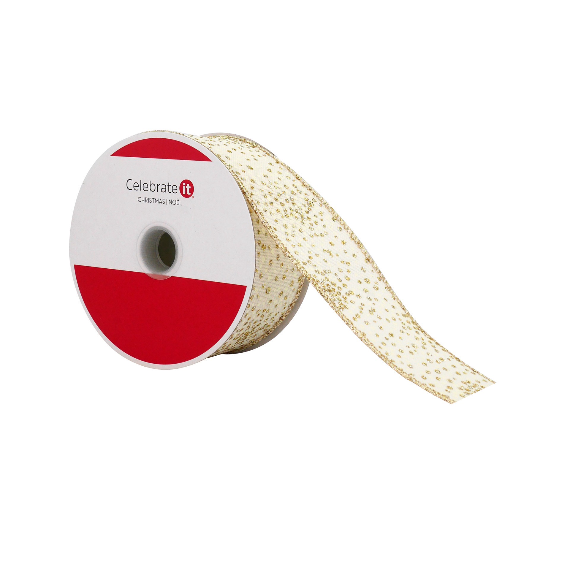 slide 3 of 3, 1.5" X 30ft. Cream & Gold Dots Wired Faux Linen Ribbon By Celebrate It, 1.5 in x 30 ft