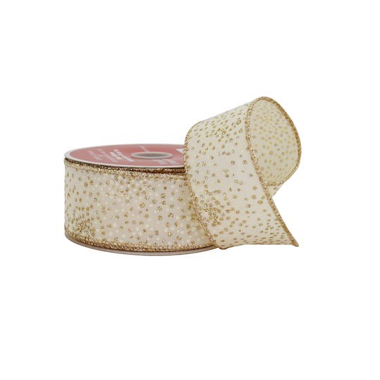 slide 1 of 3, 1.5" X 30ft. Cream & Gold Dots Wired Faux Linen Ribbon By Celebrate It, 1.5 in x 30 ft