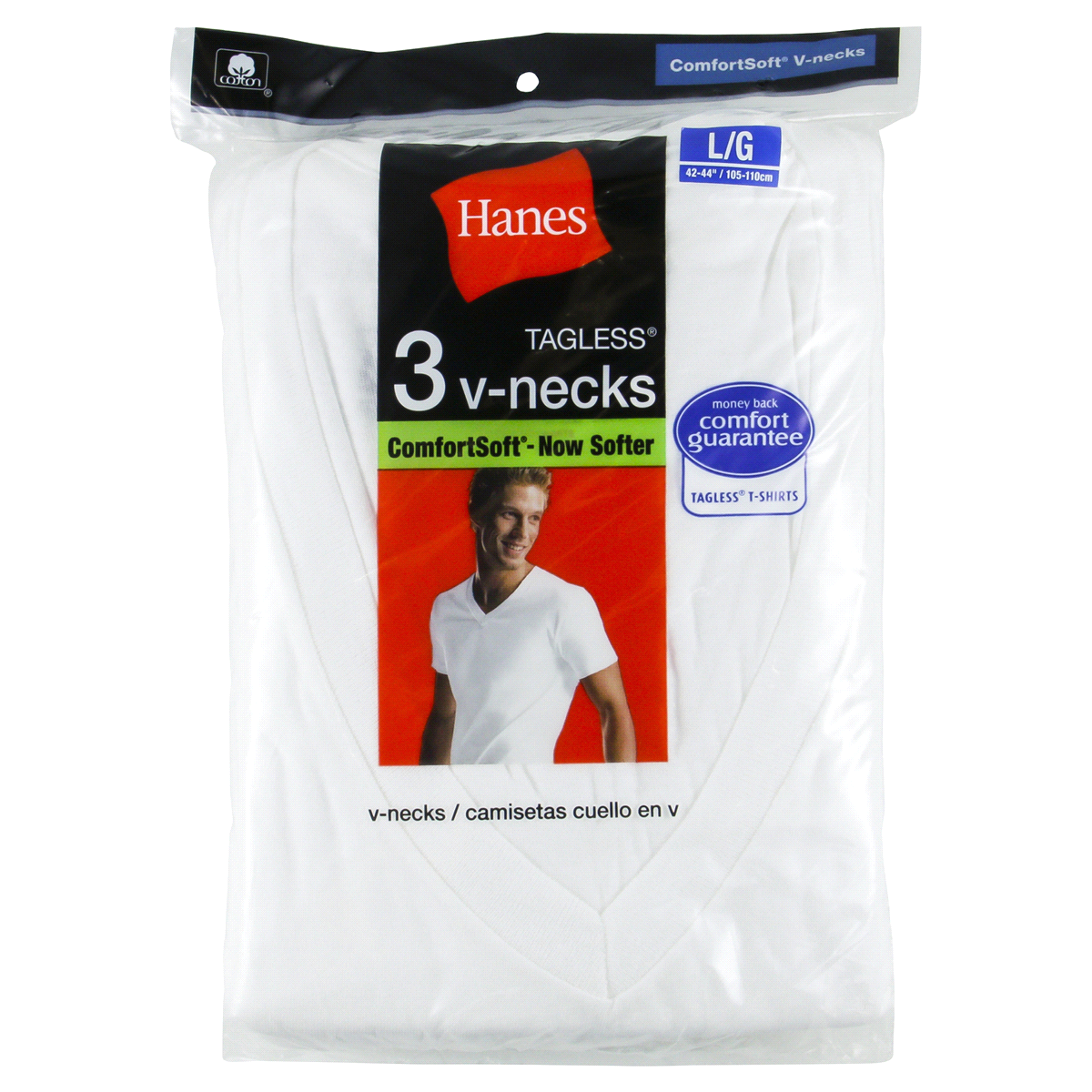 slide 1 of 2, Hanes Men's ComfortSoft TAGLESS V-Neck Undershirt White, Large, 3 ct