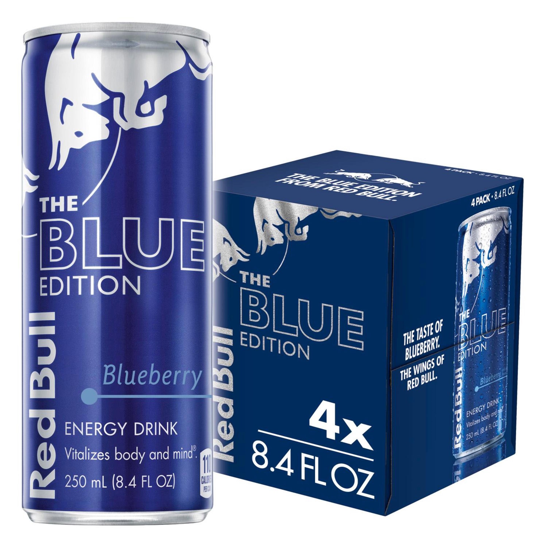 slide 1 of 4, Red Bull Blue Edition Energy Drink, Blueberry, 80mg Caffeine, 8.4 fl oz, Pack of 4 Cans, 33.60 fl oz