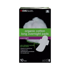 slide 1 of 1, Cvs Health Long Organic Cotton Overnight Pads, 10 Ct, 10 ct