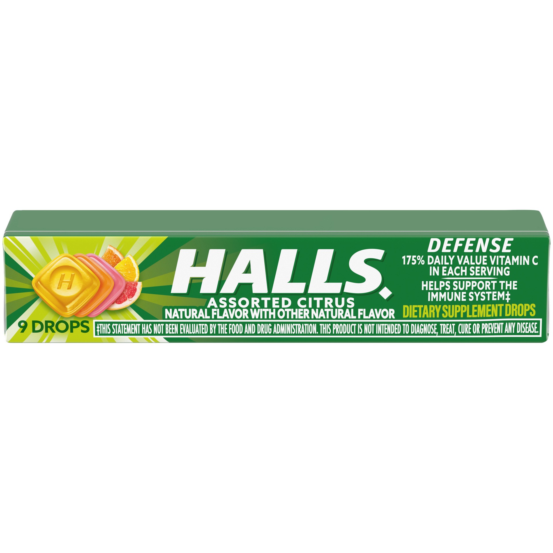 slide 1 of 7, HALLS Defense Assorted Citrus Vitamin C Drops, 9 Drops, 1.16 oz