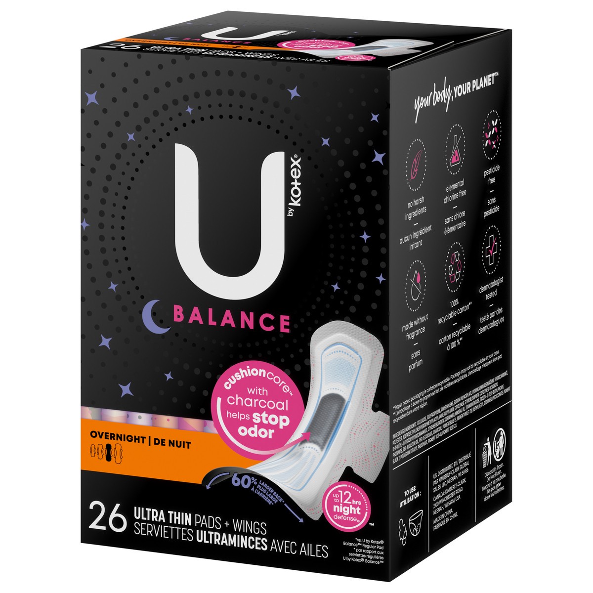 slide 6 of 9, U by Kotex Balance Ultra Thin Overnight Pads with Wings, 26 Count, 26 ct