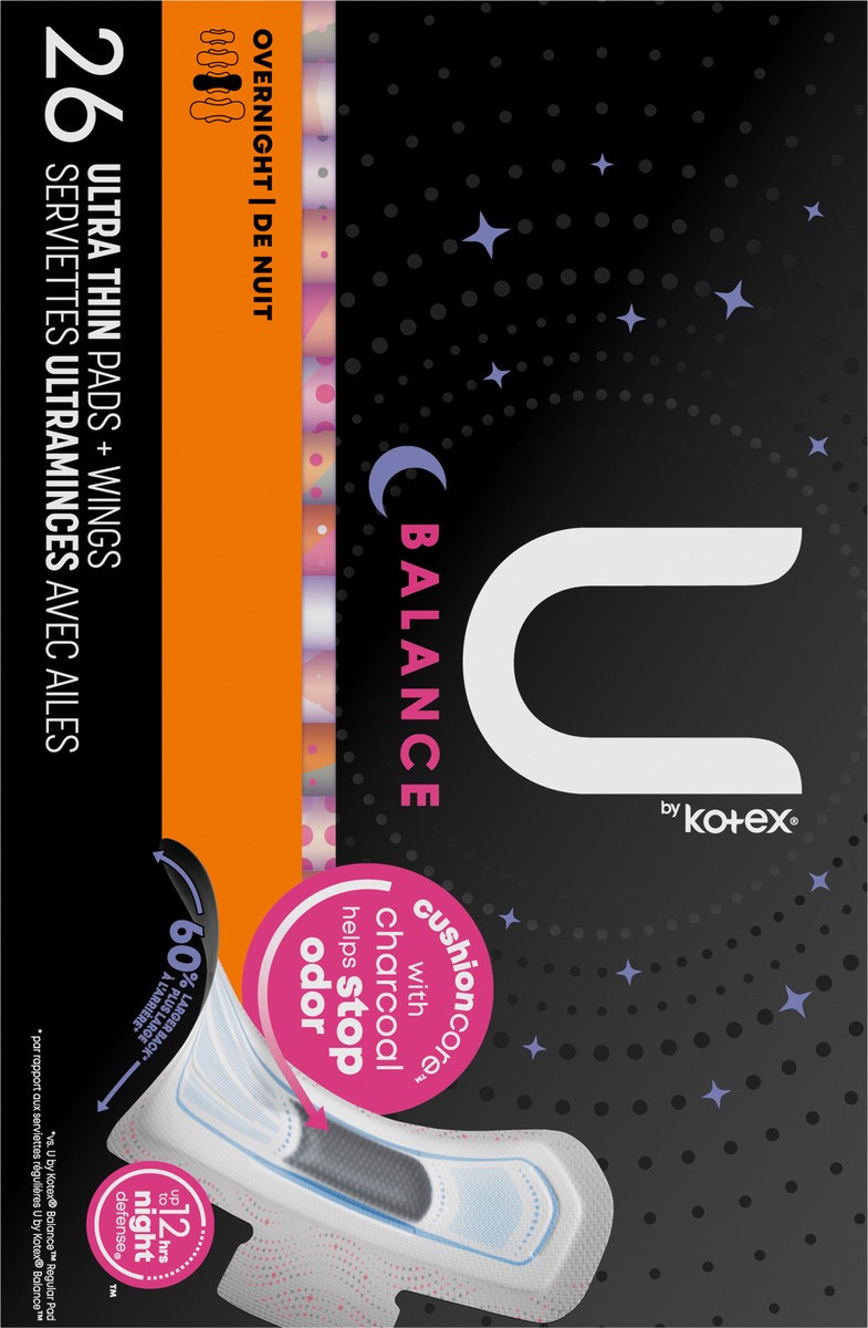 slide 8 of 9, U by Kotex Balance Ultra Thin Overnight Pads with Wings, 26 Count, 26 ct