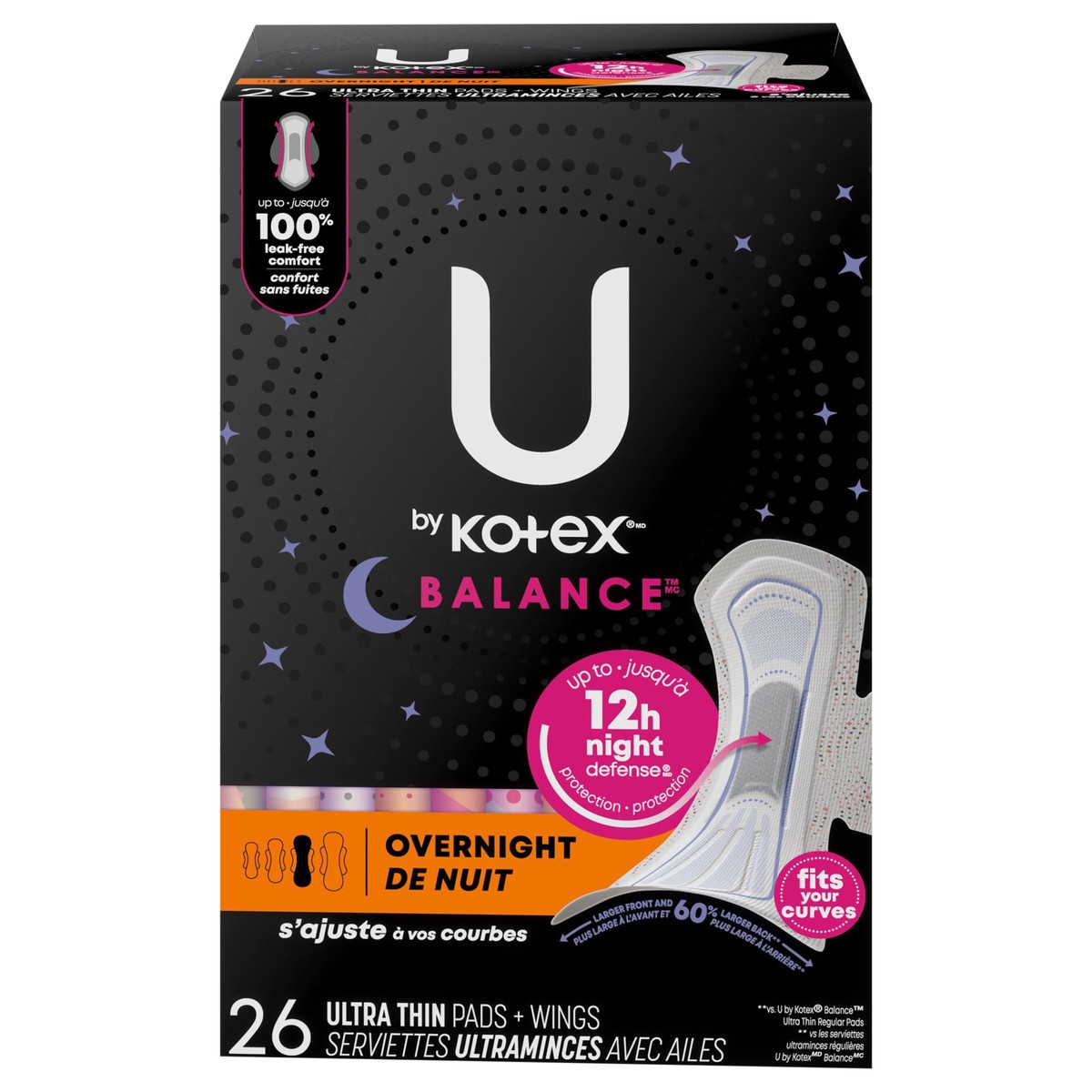 slide 1 of 9, U by Kotex Balance Ultra Thin Overnight Pads with Wings, 26 Count, 26 ct