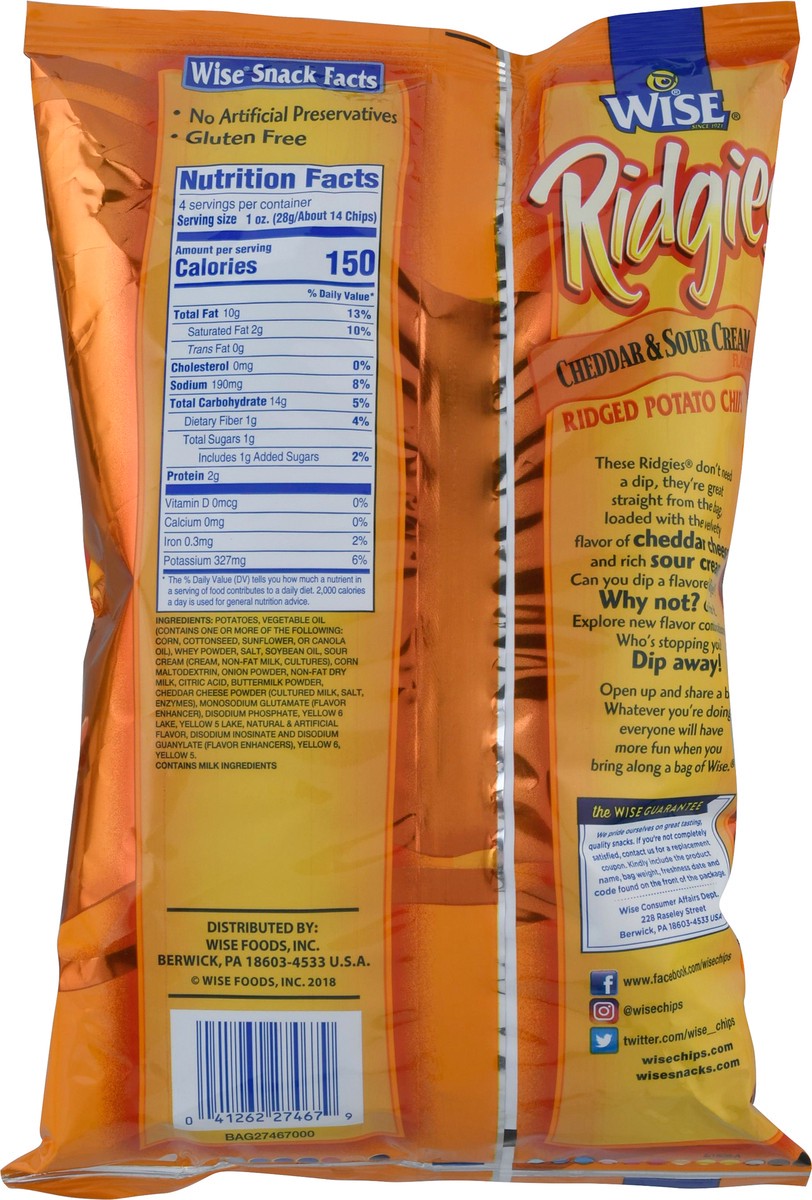 slide 12 of 14, Wise Ridgies Ridged Cheddar & Sour Cream Flavored Potato Chips 4 oz, 4 oz