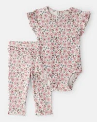 Carters Baby Girl Ruffle Floral Bodysuit & Pant Set Pink NB