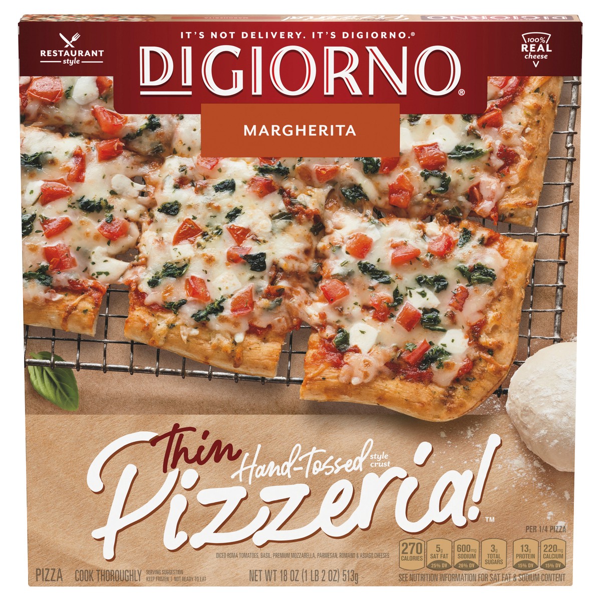 slide 1 of 13, DIGIORNO Frozen Pizza - Frozen Margherita Pizza - Pizzeria! Hand Tossed Style Thin Crust Pizza, 18 oz