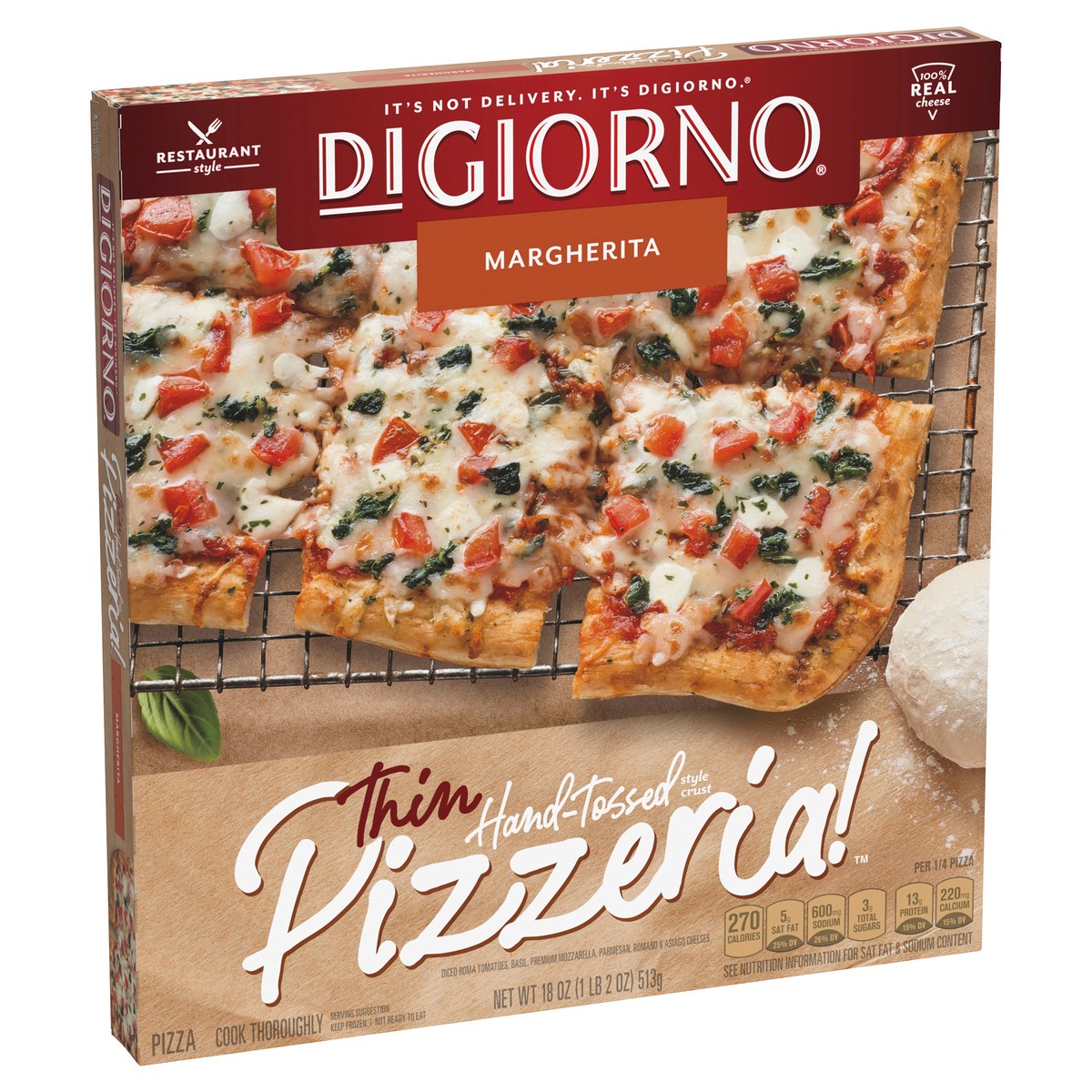 slide 1 of 13, DIGIORNO Frozen Pizza - Frozen Margherita Pizza - Pizzeria! Hand Tossed Style Thin Crust Pizza, 18 oz