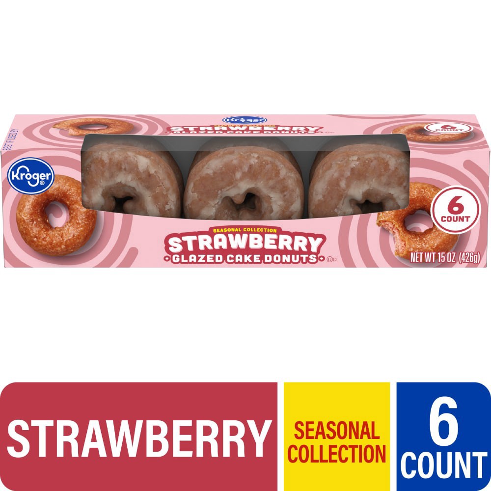 slide 1 of 3, Kroger Strawberry Glazed Cake Donuts, 6 ct; 15 oz