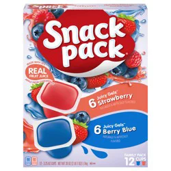 Snack Pack Strawberry Flavored and Berry Blue Flavored Juicy Gels, 3.25 oz Snack Cups, 12 Count Family Pack