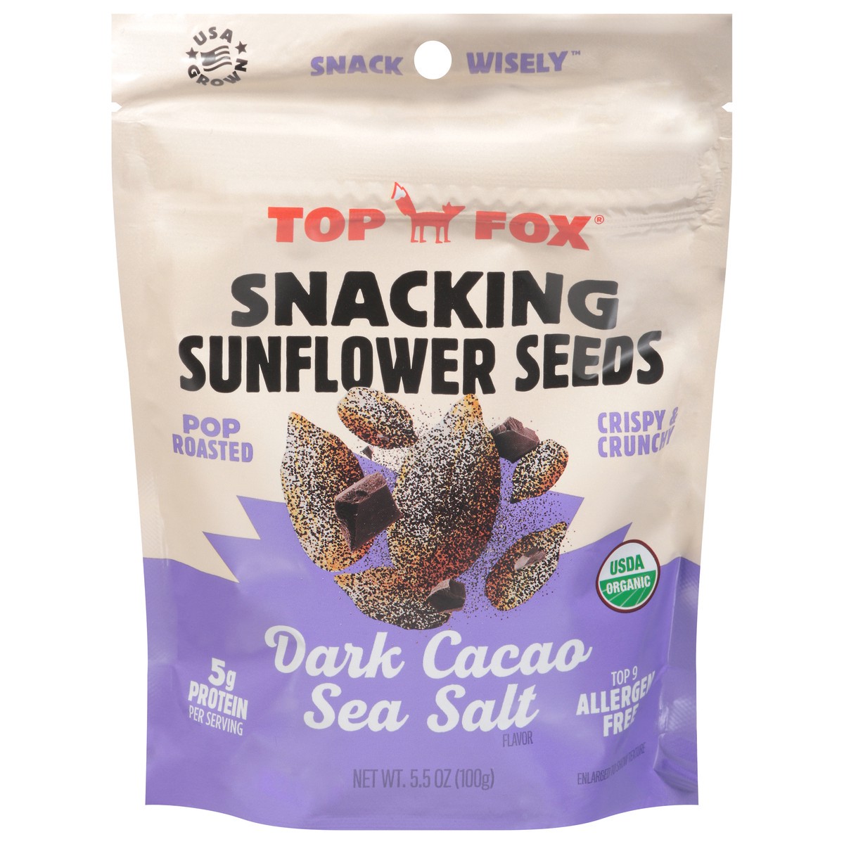 slide 1 of 13, Top Fox Organic Dark Cacao & Sea Salt Sunflower Seeds, 5.5 oz