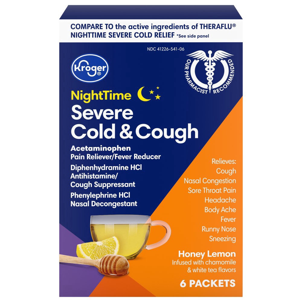 slide 2 of 4, Kroger Nighttime Severe Cold & Cough Honey Lemon Packets, 6 ct