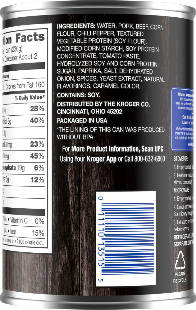 slide 4 of 4, Kroger Chili No Beans, 15 oz