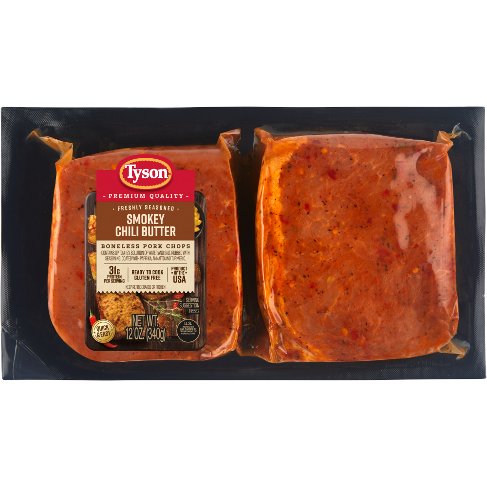slide 2 of 3, Tyson Smokey Chili Butter Boneless Pork Chops, 12 oz
