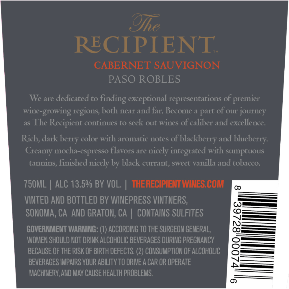 slide 2 of 2, The Recipient Cabernet Sauvignon, 750 ml