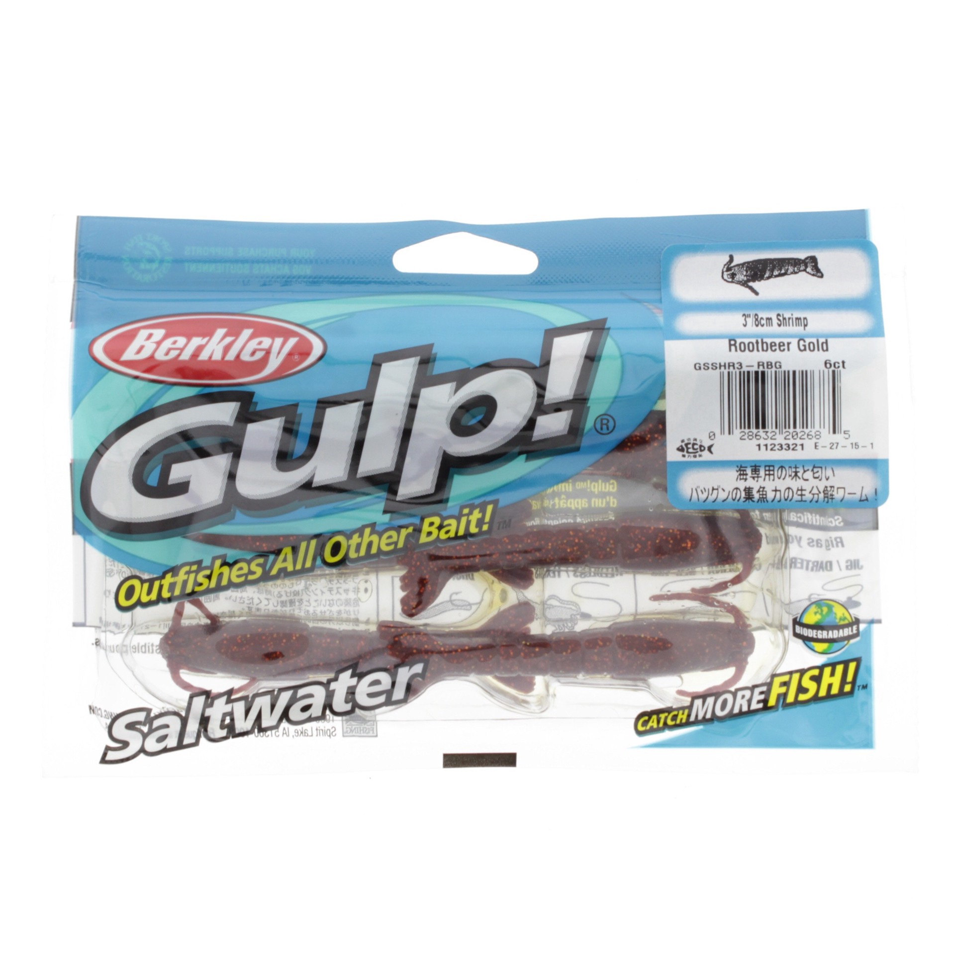slide 1 of 1, Berkley Root Beer Gold 3 Inch Gulp! Shrimp Bait, 6 ct