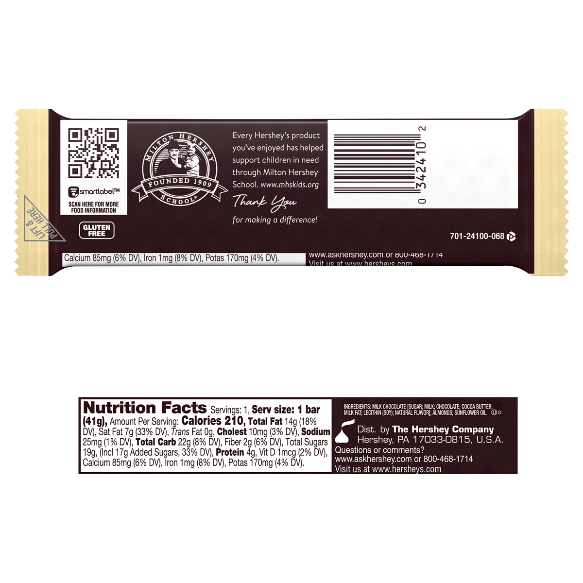 slide 6 of 7, HERSHEY'S Milk Chocolate with Whole Almonds Candy Bar, 1.45 oz, 1.45 oz