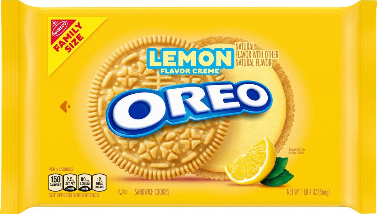 slide 5 of 9, OREO Lemon Flavor Creme Golden Sandwich Cookies Family Size - 20oz, 20 oz