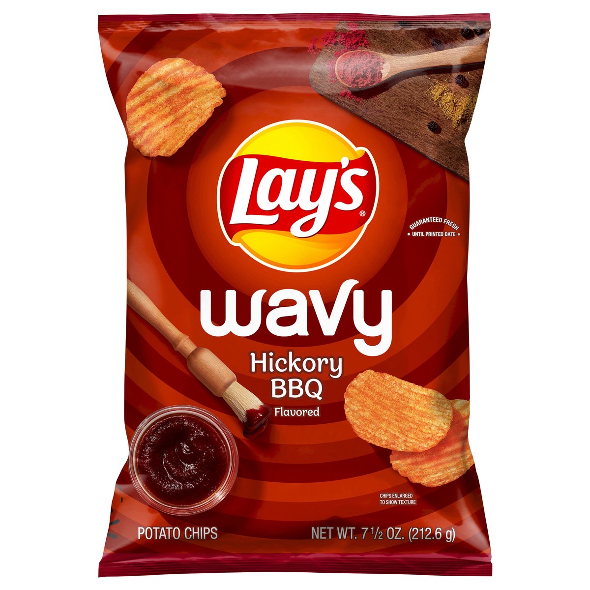 slide 1 of 1, Lay's Wavy Potato Chips Hickory BBQ Flavored 7 1/2 Oz, 7.5 oz