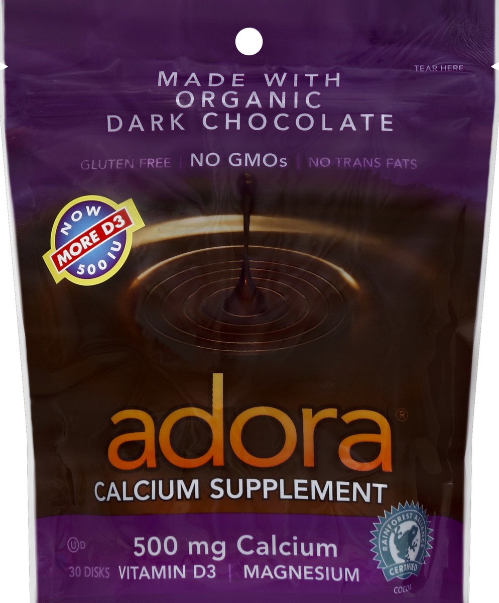 slide 2 of 2, Adora Calcium Dark Chocolate Supplement, 30 ct