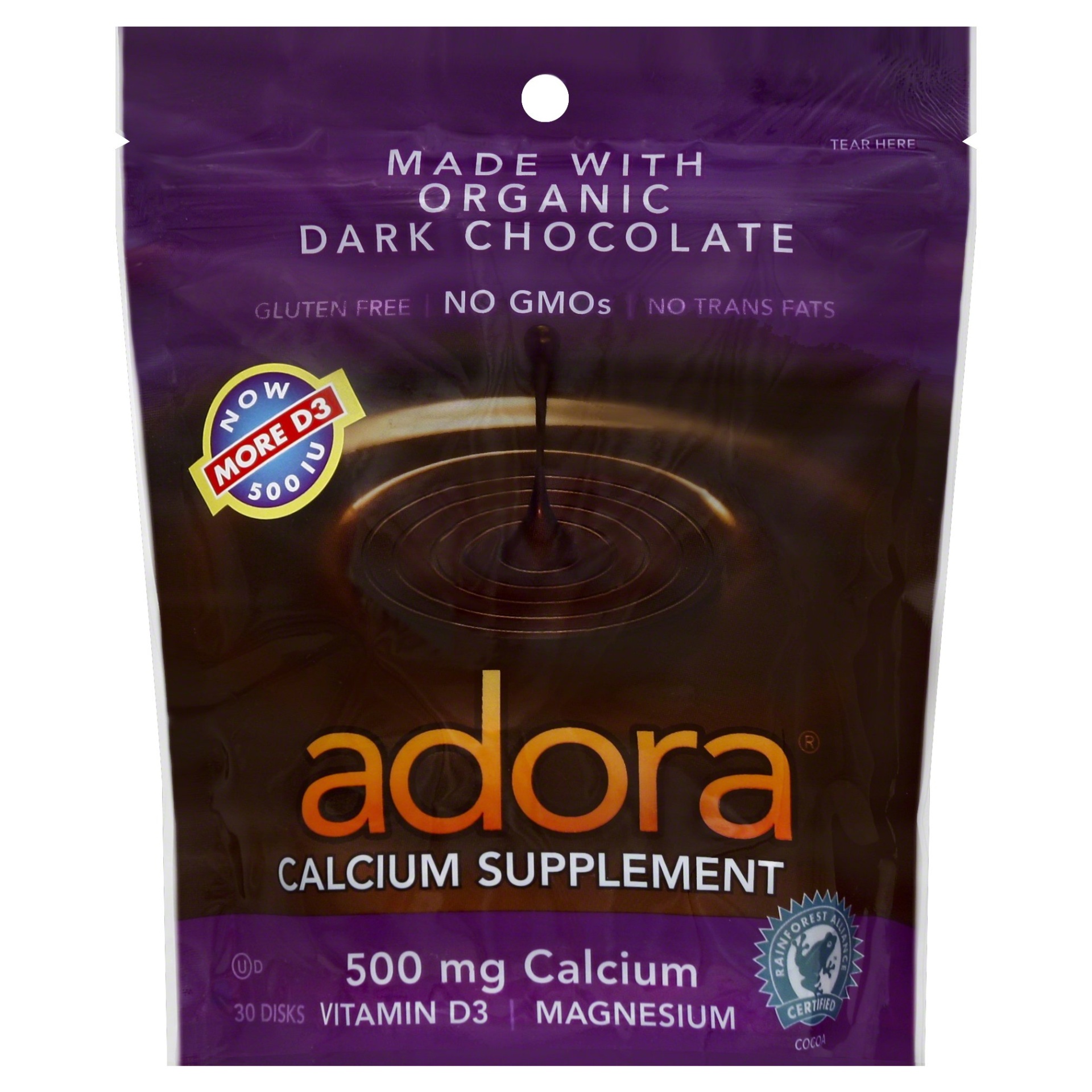 slide 1 of 1, Adora Calcium 500 mg Premium Dark Chocolate Disks, 30 ct
