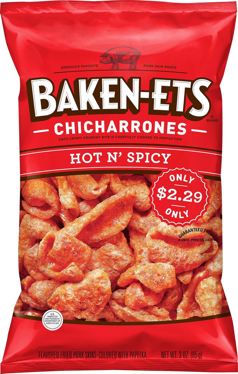 slide 3 of 3, BAKEN-ETS Chicharrones Fried Pork Skins Hot'N Spicy 3 Oz, 3 oz